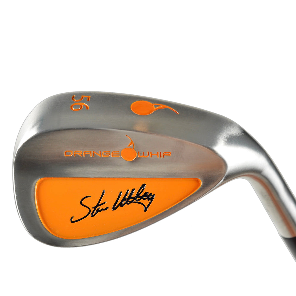 Golf club head with 'Orange Whip' branding and a signature on an orange background