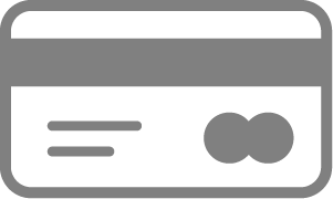 Icon of a rounded grey payment card with a dark magnetic stripe and Mastercard-style two overlapping circles on the right.